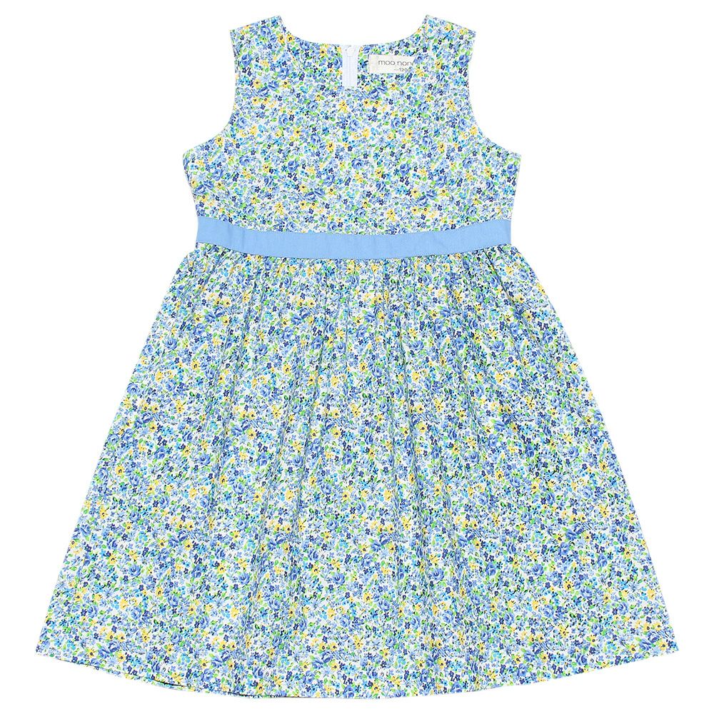 Children's clothing girl small flower pattern waist Switch A line dress blue (61) front