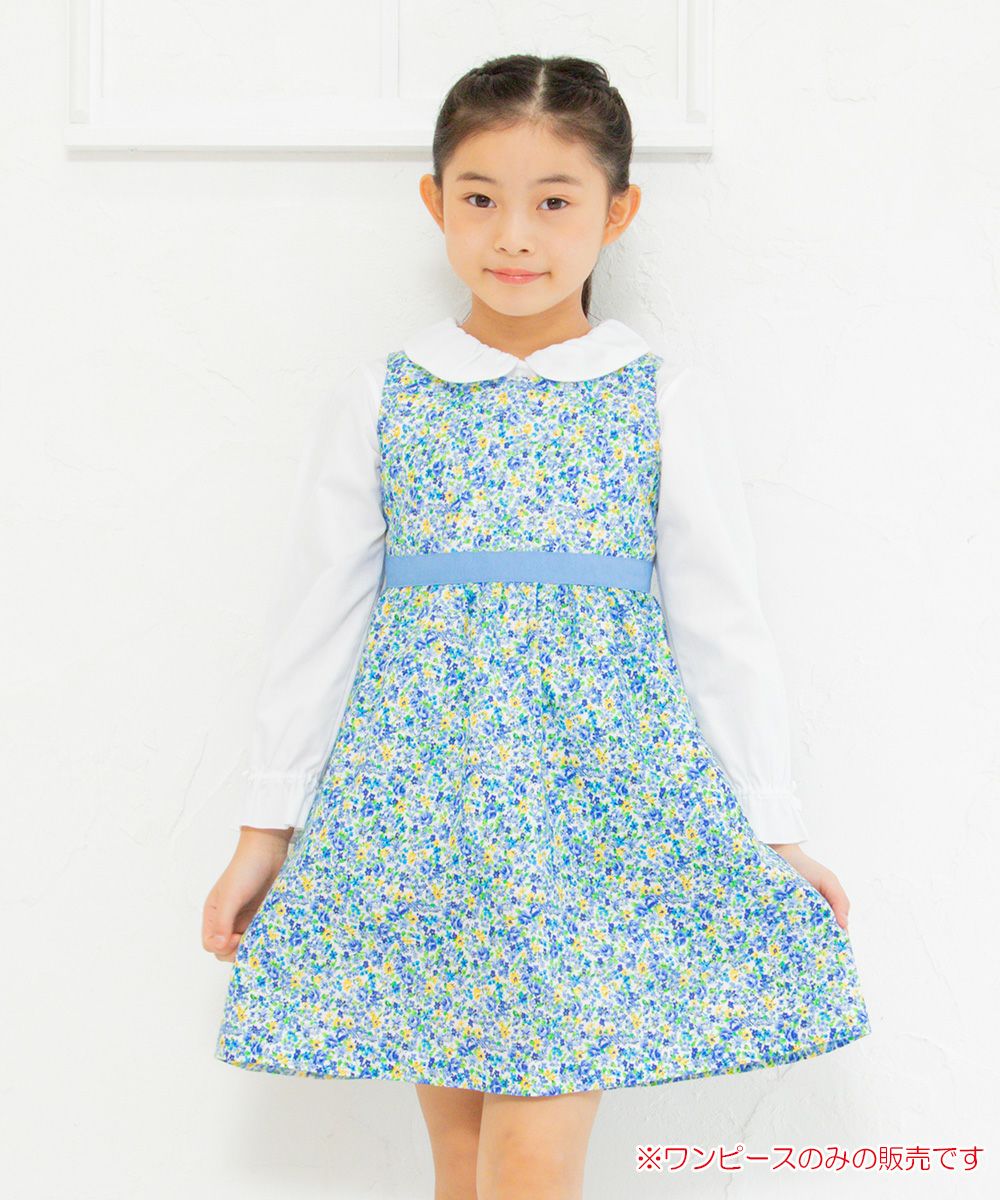 Children's clothing girl small flower pattern waist Switch A line dress blue (61) Model image up