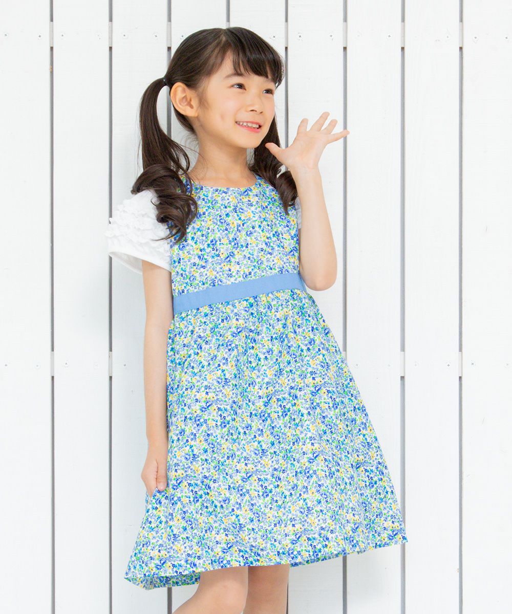 Children's clothing girl small flower pattern waist Switch A line dress blue (61) model image 3
