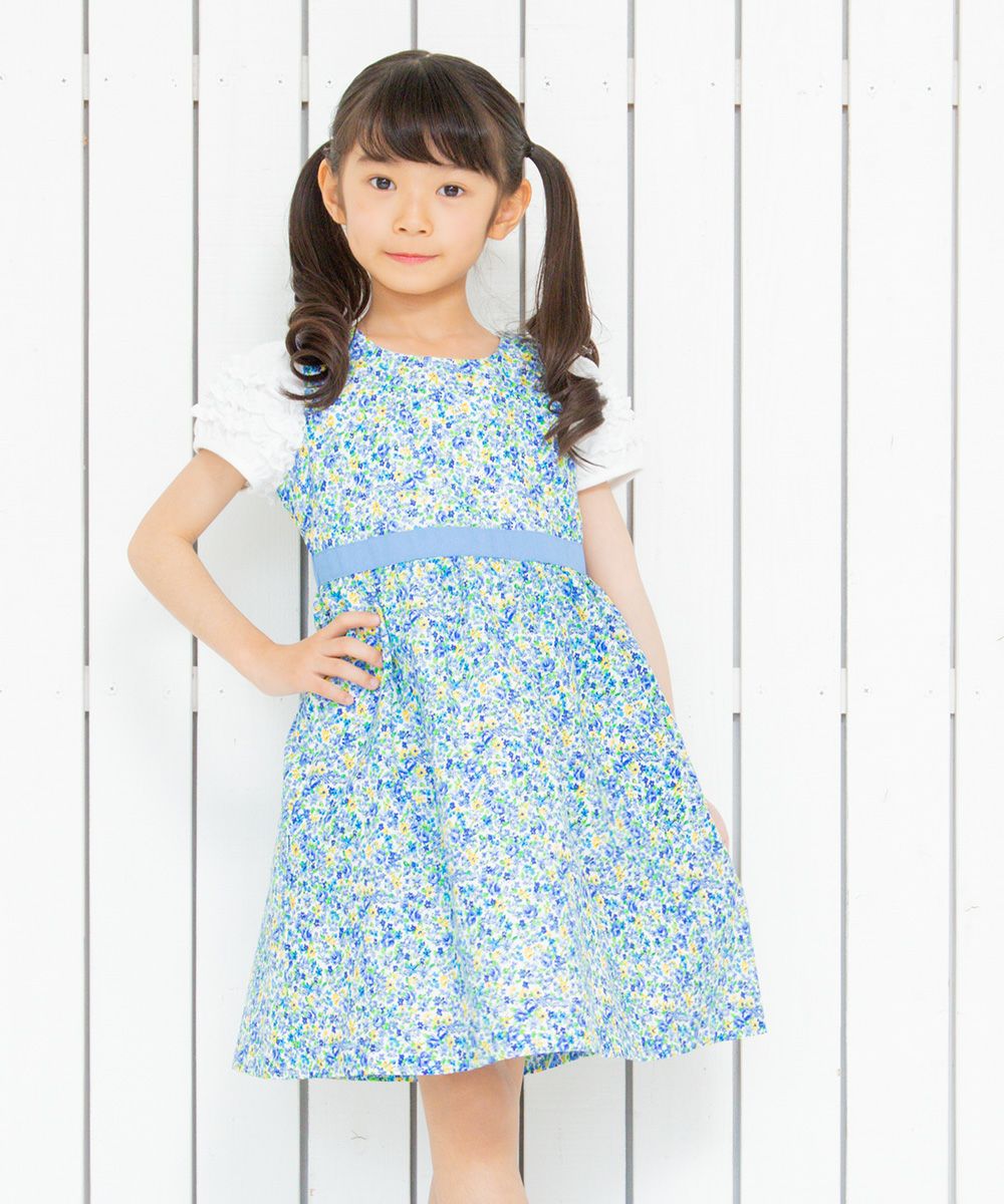 Children's clothing girl small flower pattern waist Switch A line dress blue (61) model image 4