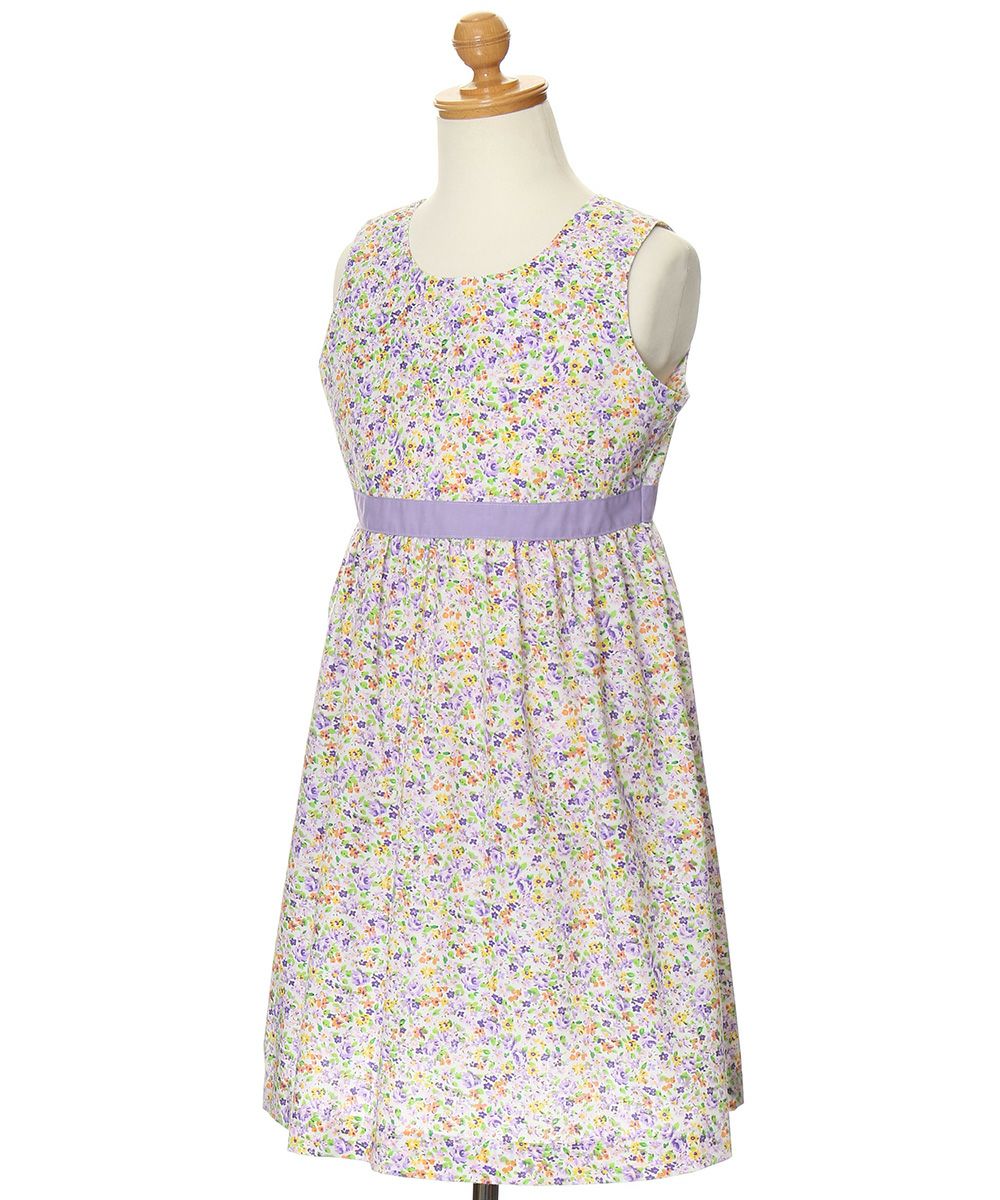 Children's clothing girl small flower pattern waist Switch A line dress purple (91) torso