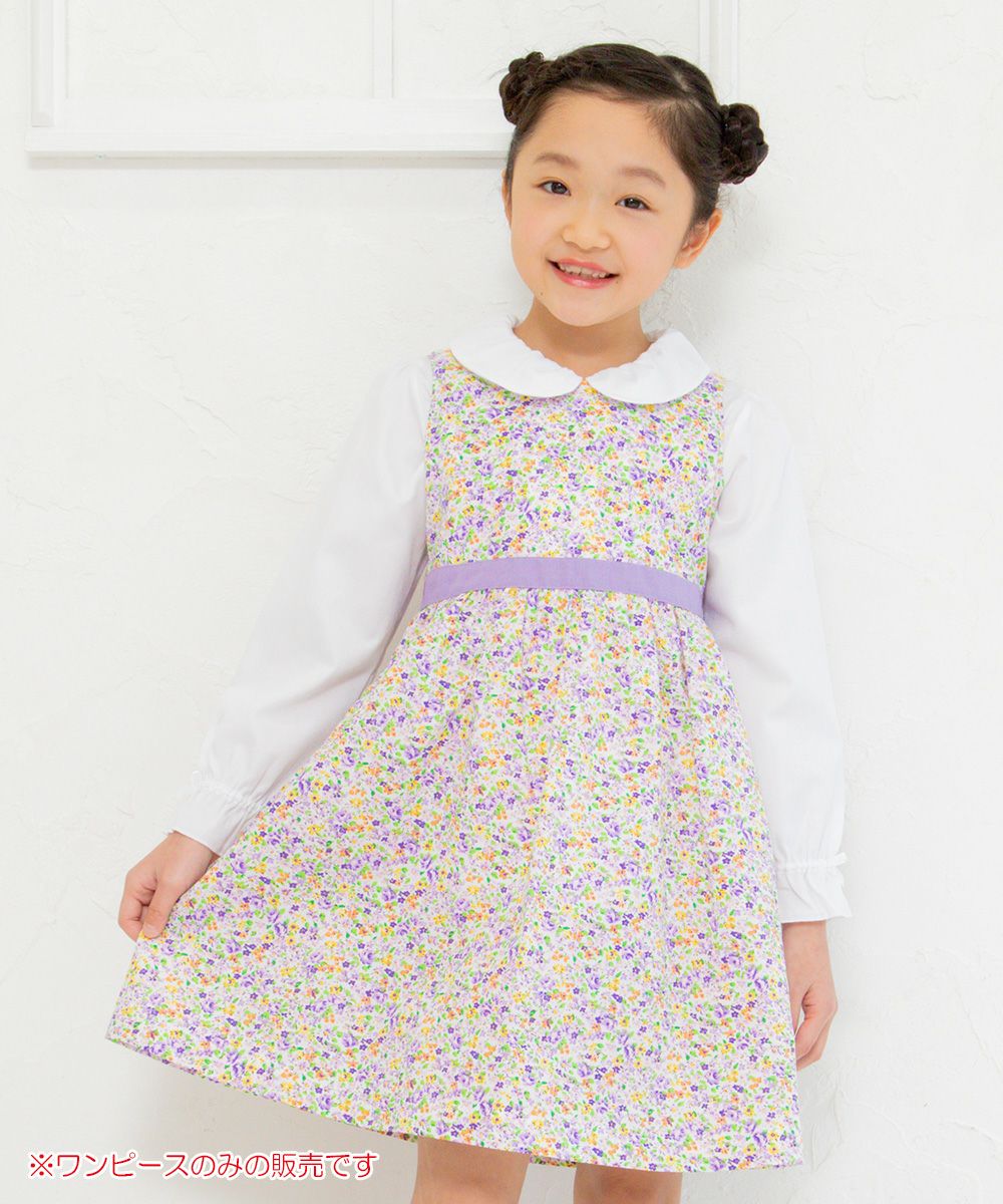 Children's clothing girl small flower pattern waist Switch A line dress purple (91) model image up