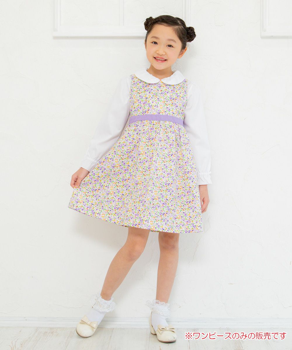 Children's clothing girl small flower pattern waist Switch A line dress purple (91) model image whole body