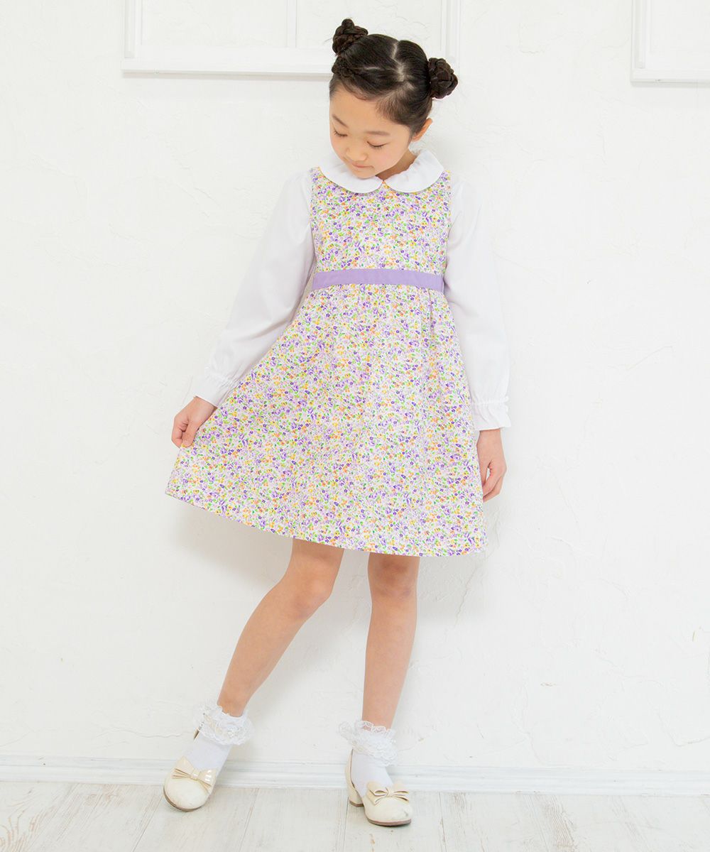 Children's clothing girl small flower pattern waist Switch A line dress purple (91) model image 3