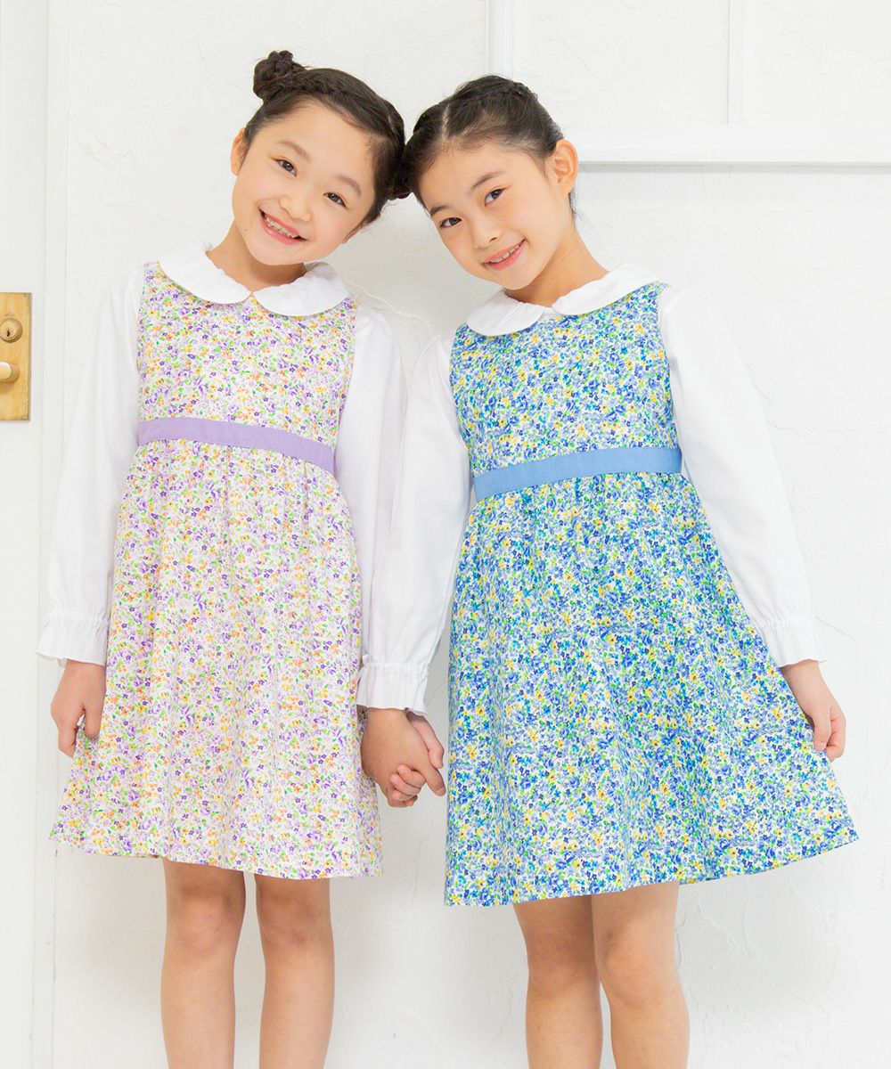 Children's clothing girl small flower pattern waist Switch A line dress purple (91) model image 4