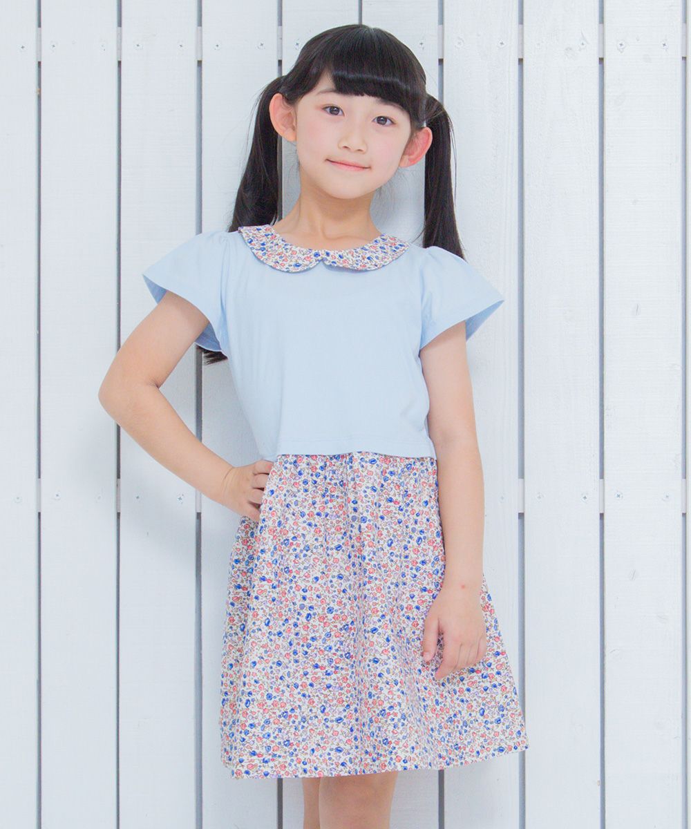 Children's clothing girl collar floral pattern docking dress blue (61) model image up