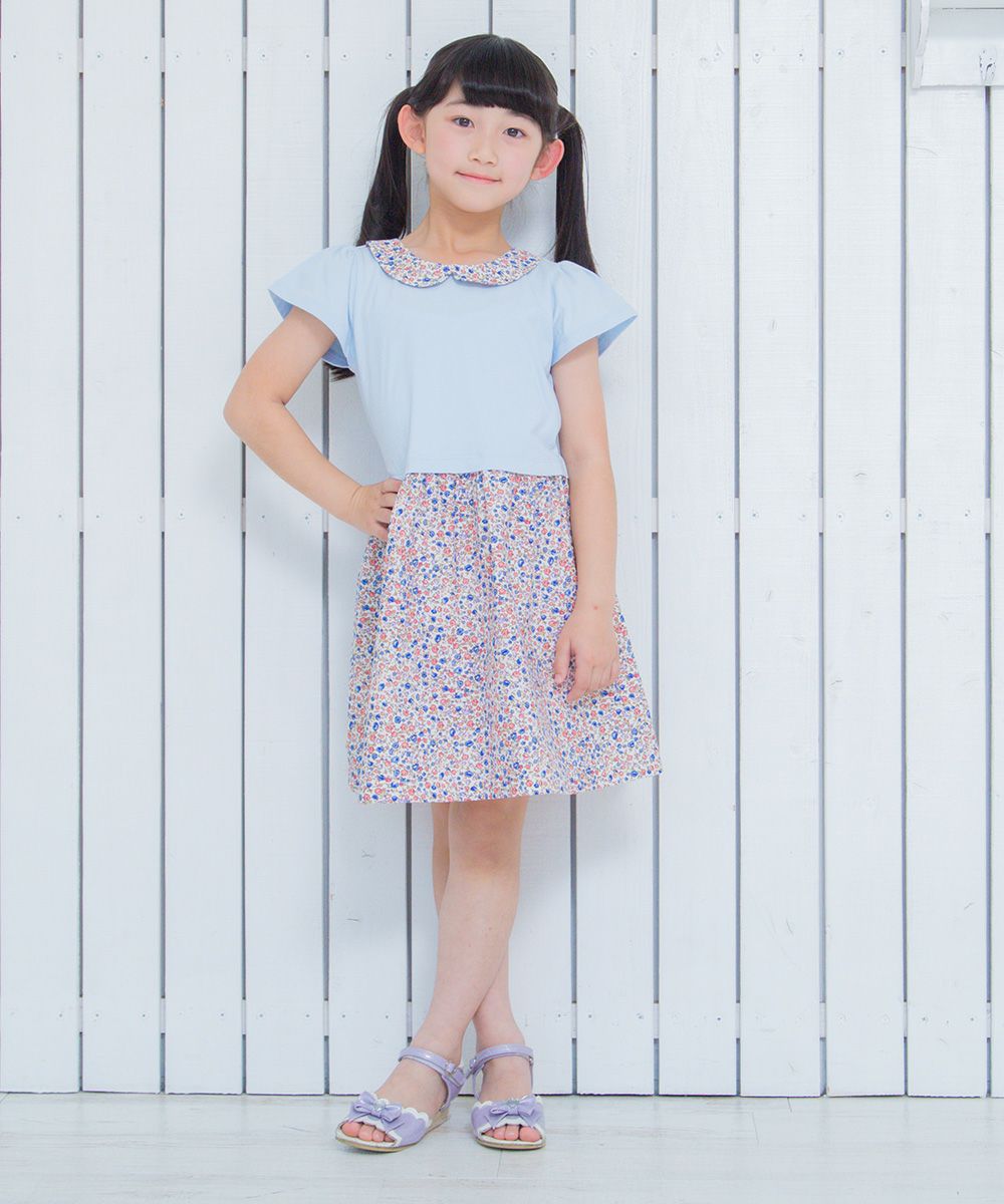 Children's clothing girl collar floral pattern docking dress blue (61) model image whole body