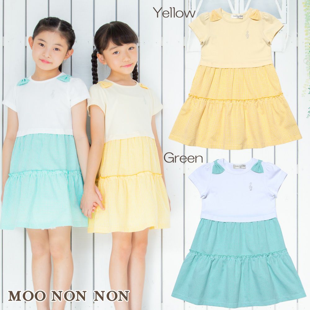 Children's clothing girl ribbon Music motif gingham check docking dress