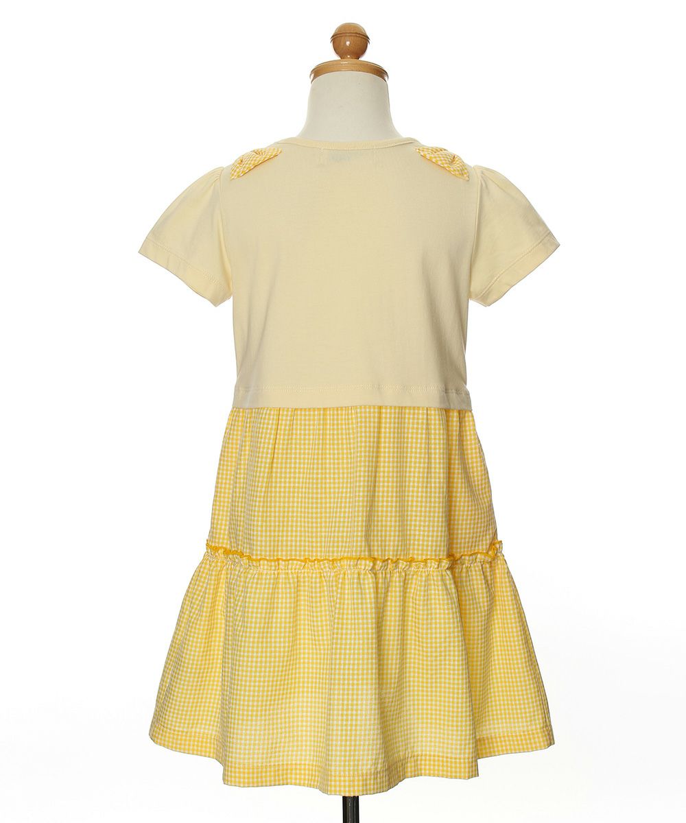 Children's clothing girl ribbon Musical Musical Music Motif Gingham Check Docking One Piece Yellow (04) Torso