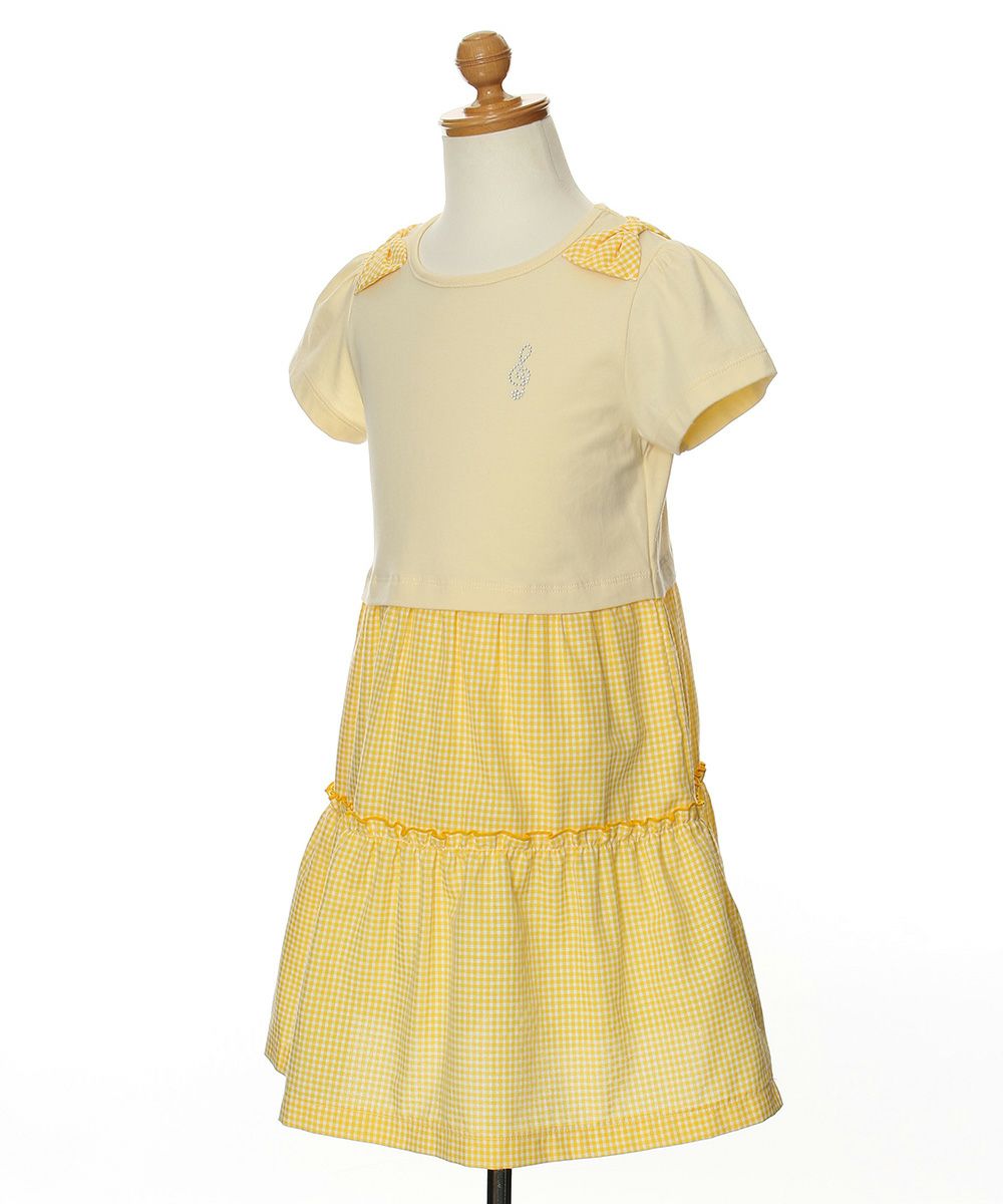 Children's clothing girl ribbon Musical Musical Music Motif Gingham Check Docking One Piece Yellow (04) Torso