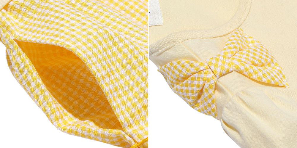 Children's clothing girl ribbon Musical Musical Music Motif Gingham Check Docking One Piece Yellow (04) Design Point 2