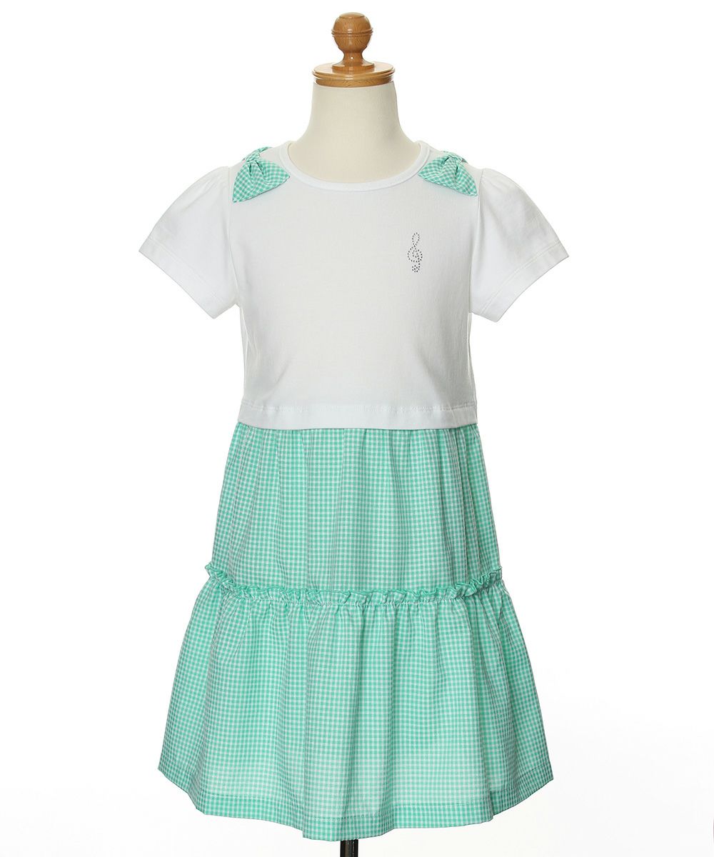 Children's clothing girl ribbon Musical Music motif gingham check docking dress green (08) torso