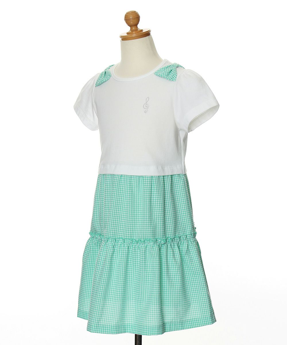 Children's clothing girl ribbon Musical Musical Music Motif Gingham Check Docking One Piece Green (08) Torso
