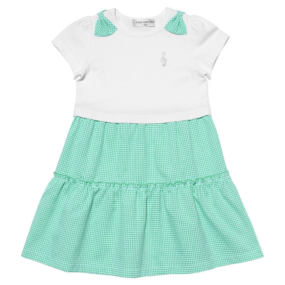 Children's clothing girl ribbon Musical Music motif gingham check docking dress green (08) front