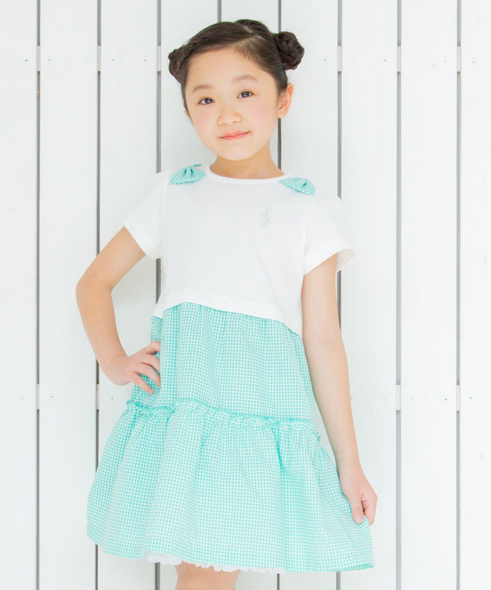 Children's clothing Girls Ribbon Musical Musical Music Motif Gingham Check Docking One Piece Green (08) Model Image Up
