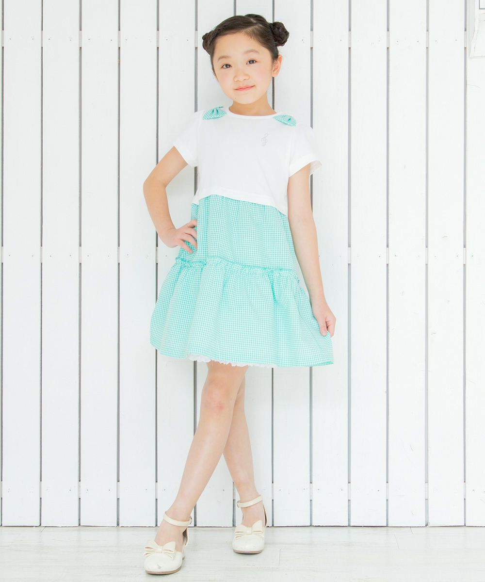 Children's clothing girl ribbon Music motif gingham check docking dress green (08) model image whole body