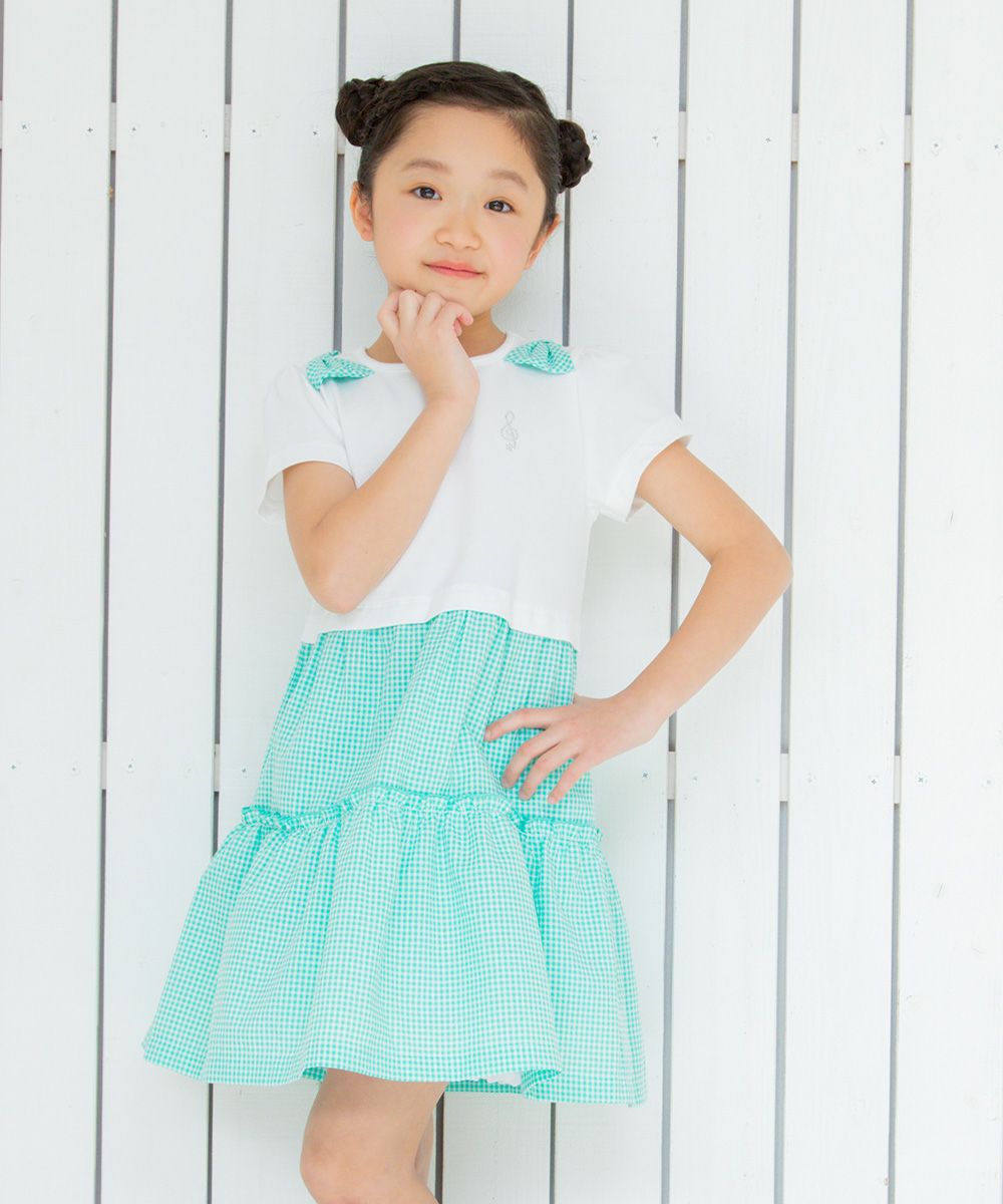 Children's clothing girl ribbon Musical Musical Music Motif Gingham Check Docking One Piece Green (08) Model Image 2