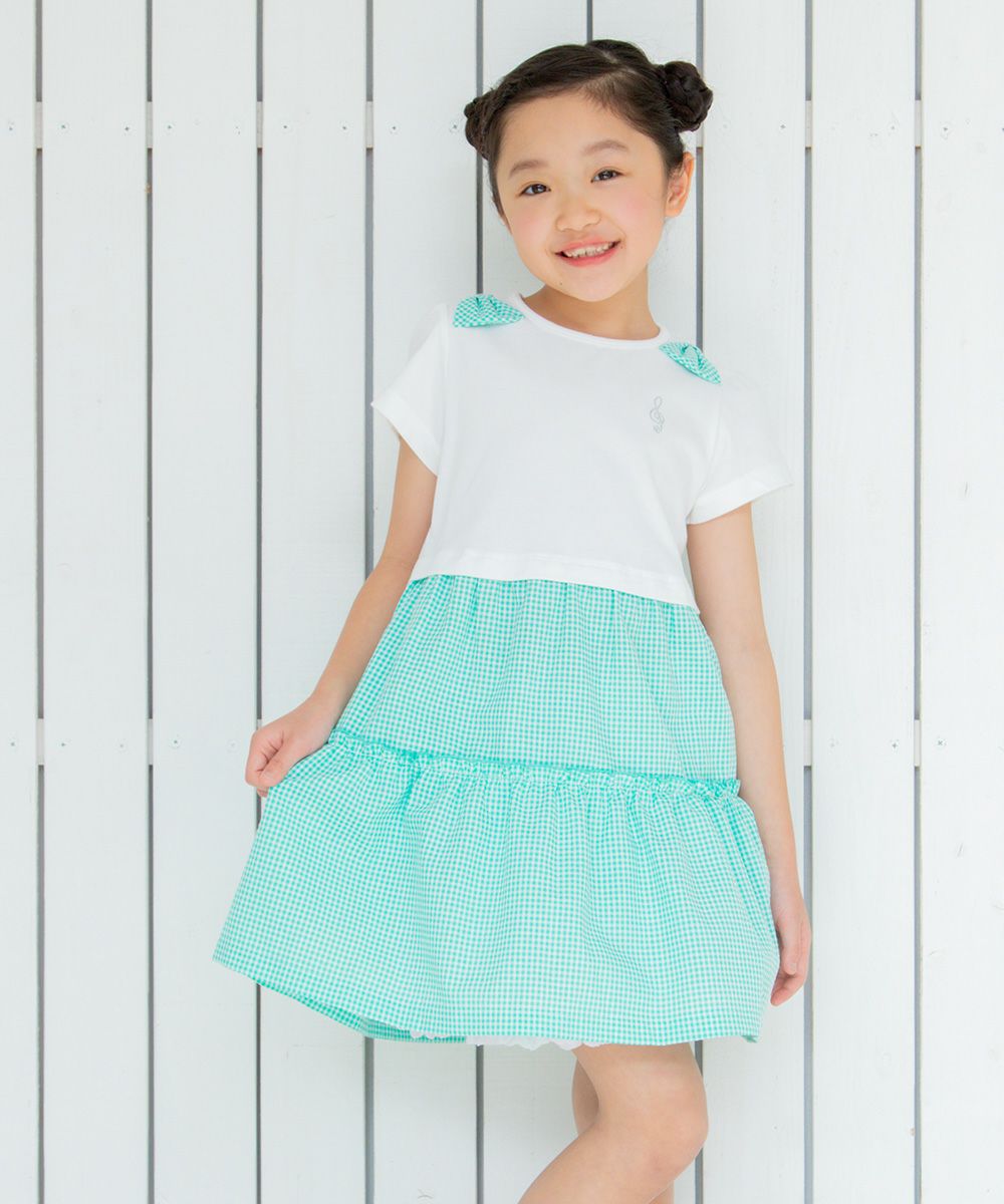 Children's clothing girl ribbon Music motif gingham check docking dress green (08) model image 3