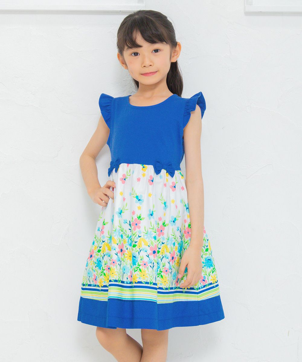 Children's clothing girl floral pattern switching ribbon & lining dress blue (61) model image up