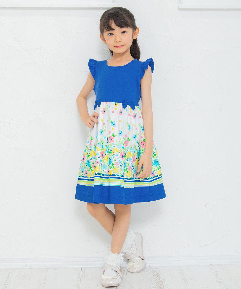 Children's clothing girl floral pattern switching ribbon & lining dress blue (61) model image whole body