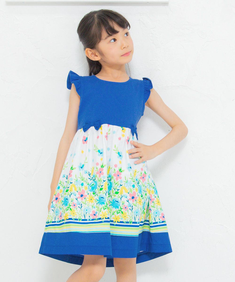 Children's clothing girl floral pattern switching ribbon & lining dress blue (61) model image 1