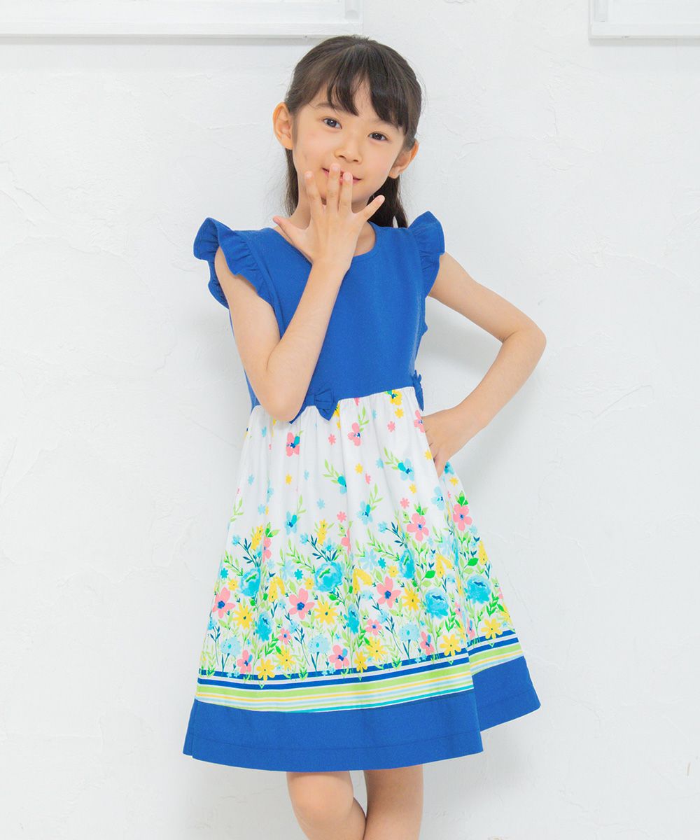 Children's clothing girl floral pattern switching ribbon & lining dress blue (61) model image 3