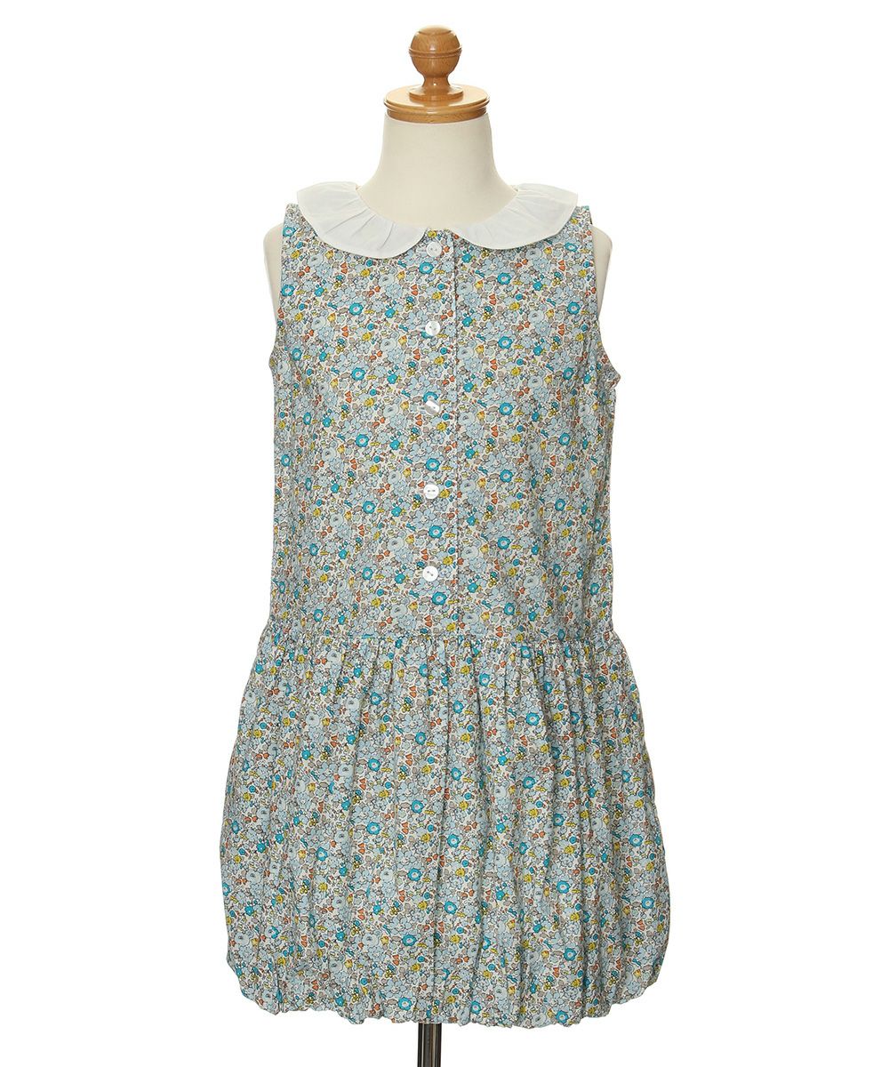 100 % cotton handwritten style floral pattern dress with collar Blue torso