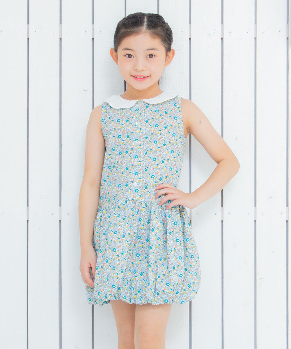 100 % cotton handwritten style floral pattern dress with collar Blue model image 1