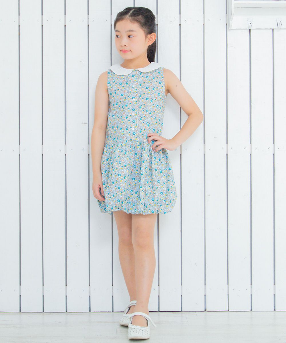100 % cotton handwritten style floral pattern dress with collar Blue model image 2
