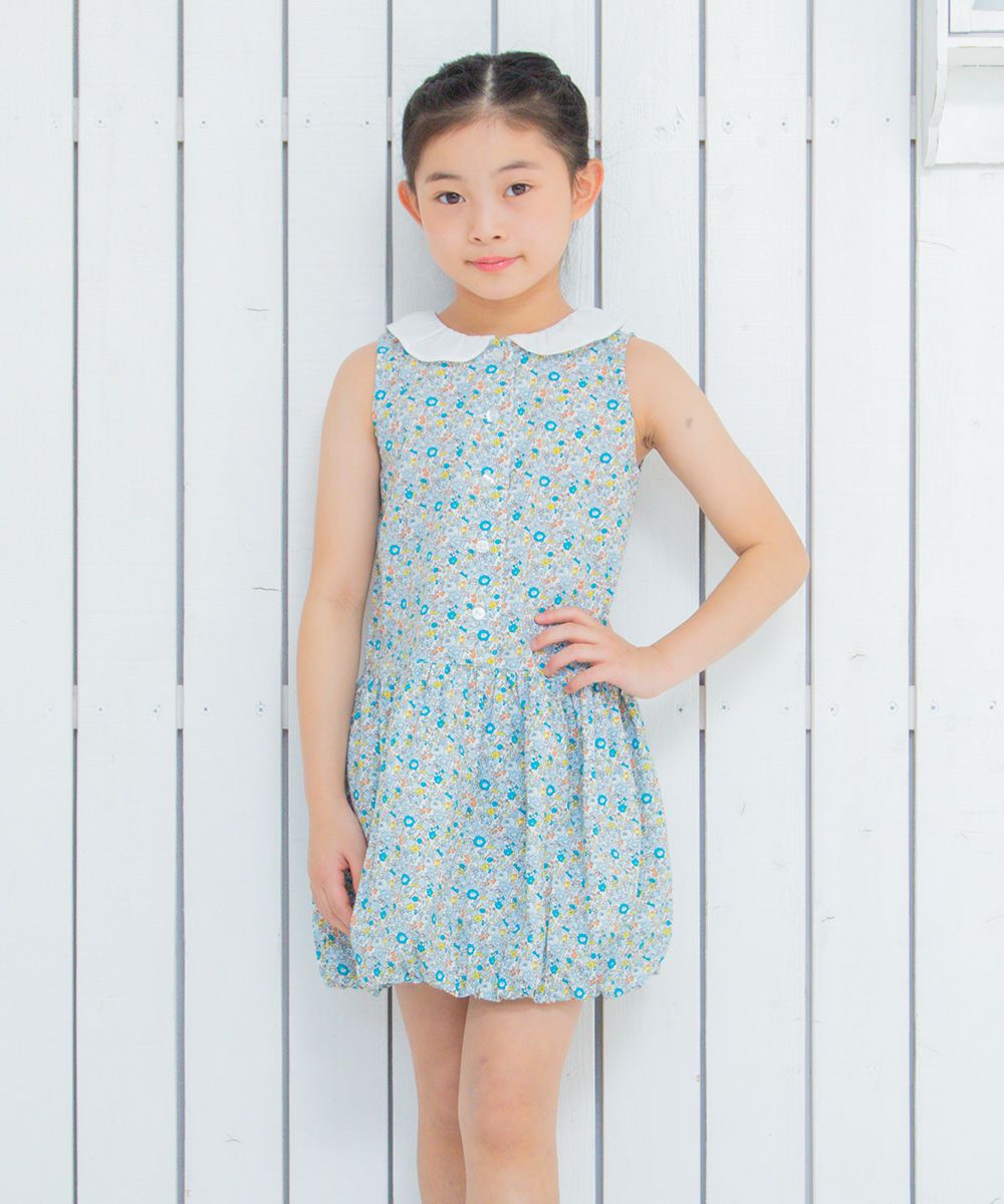 100 % cotton handwritten style floral pattern dress with collar Blue model image 4