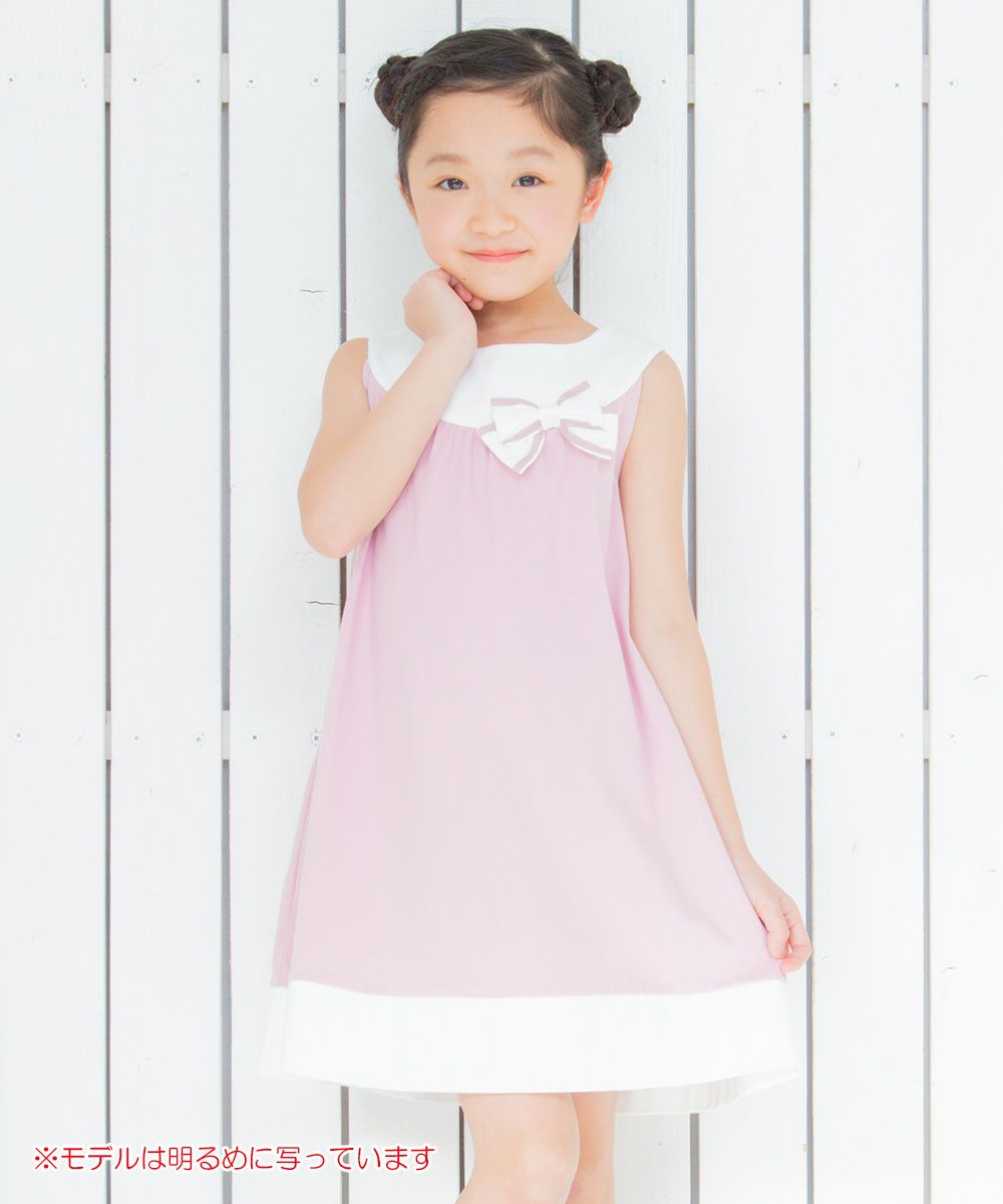 100 % cotton A -line dress with ribbon Pink model image up