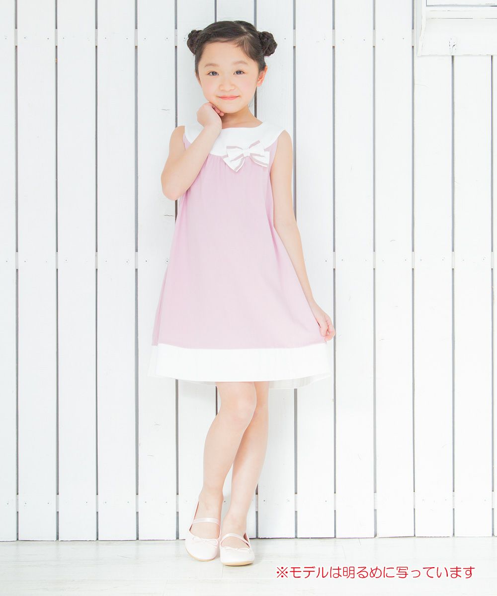 100 % cotton A -line dress with ribbon Pink model image whole body