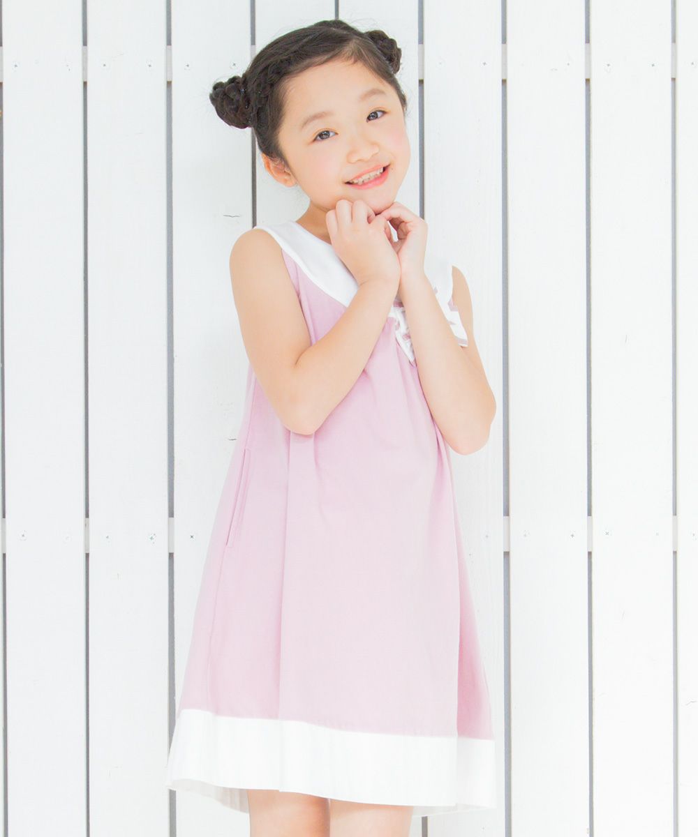 100 % cotton A -line dress with ribbon Pink model image 2