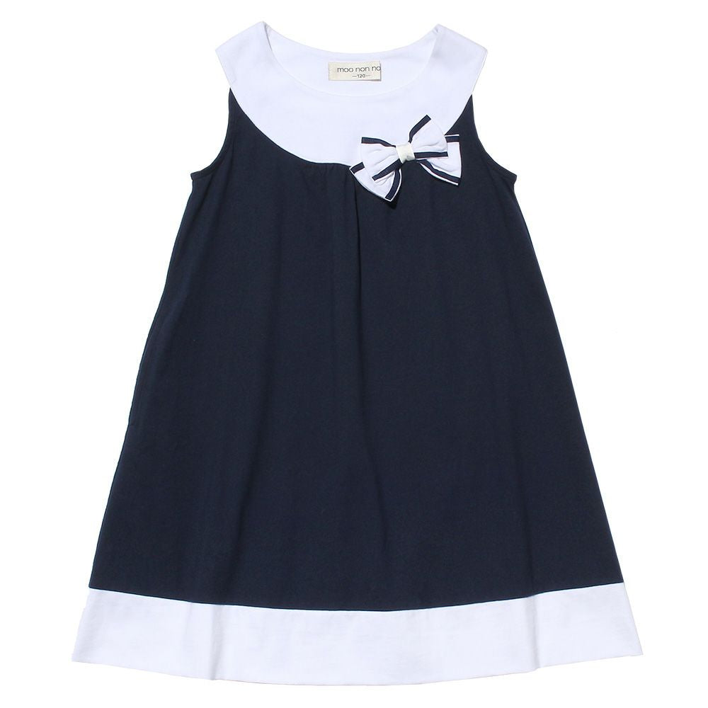 100 % cotton A -line dress with ribbon Navy front