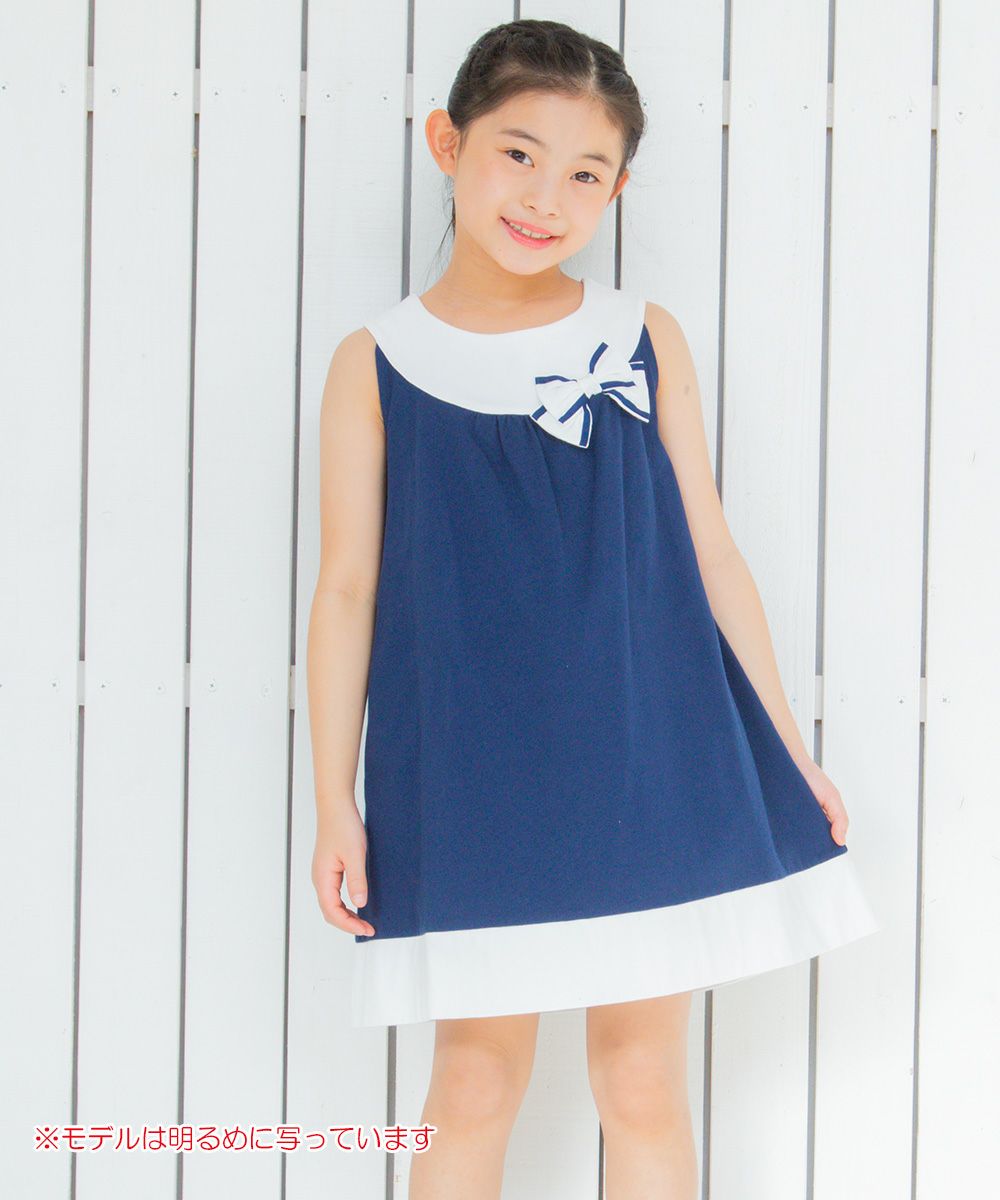 100 % cotton A -line dress with ribbon Navy model image 1