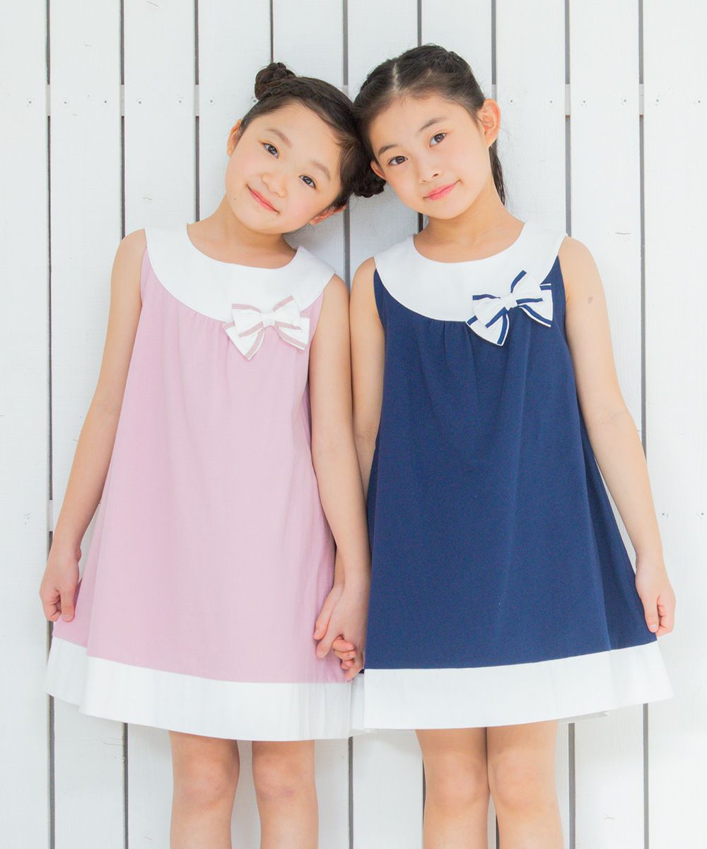 100 % cotton A -line dress with ribbon Navy model image 3