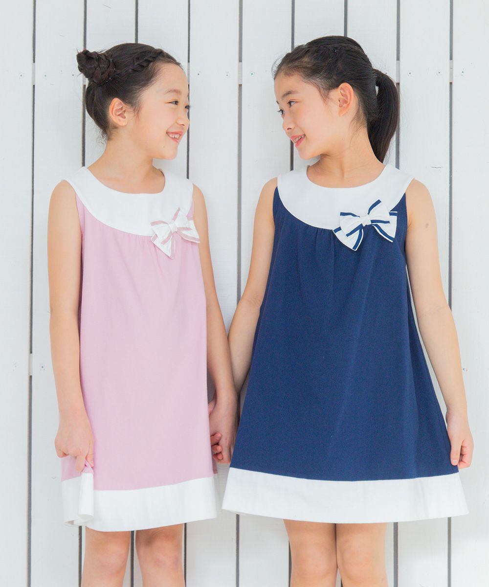 100 % cotton A -line dress with ribbon Navy model image 4
