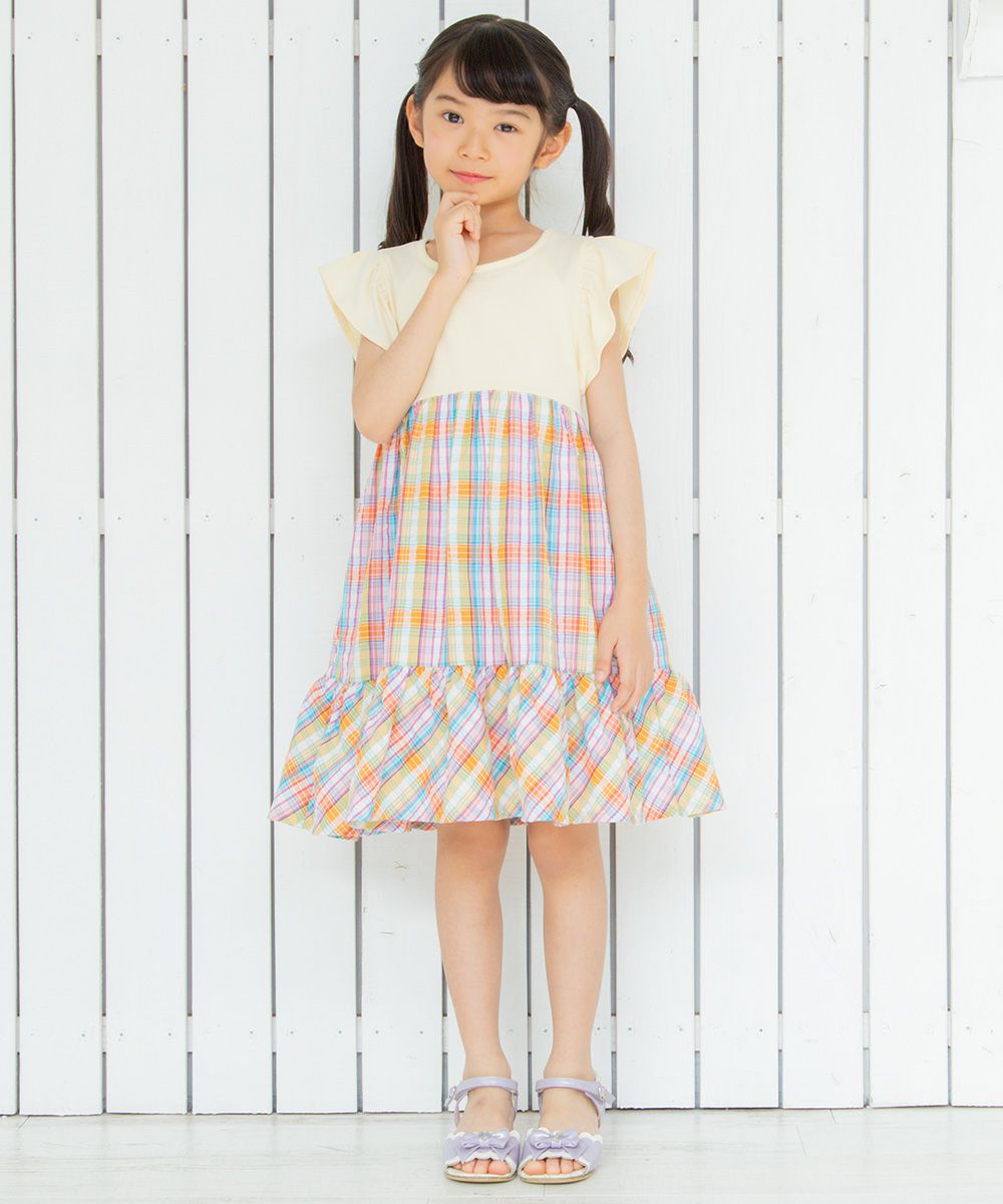 Children's clothing girl check pattern switching One -piece yellow (04) model image 2