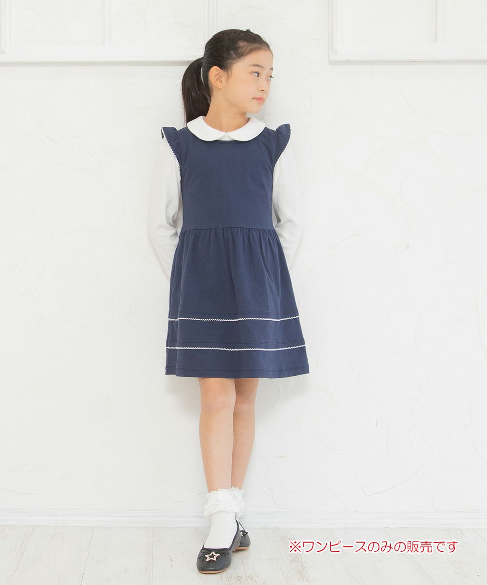 Children's clothing girl 100 % frilled hem pico lace dress navy (06) model image whole body