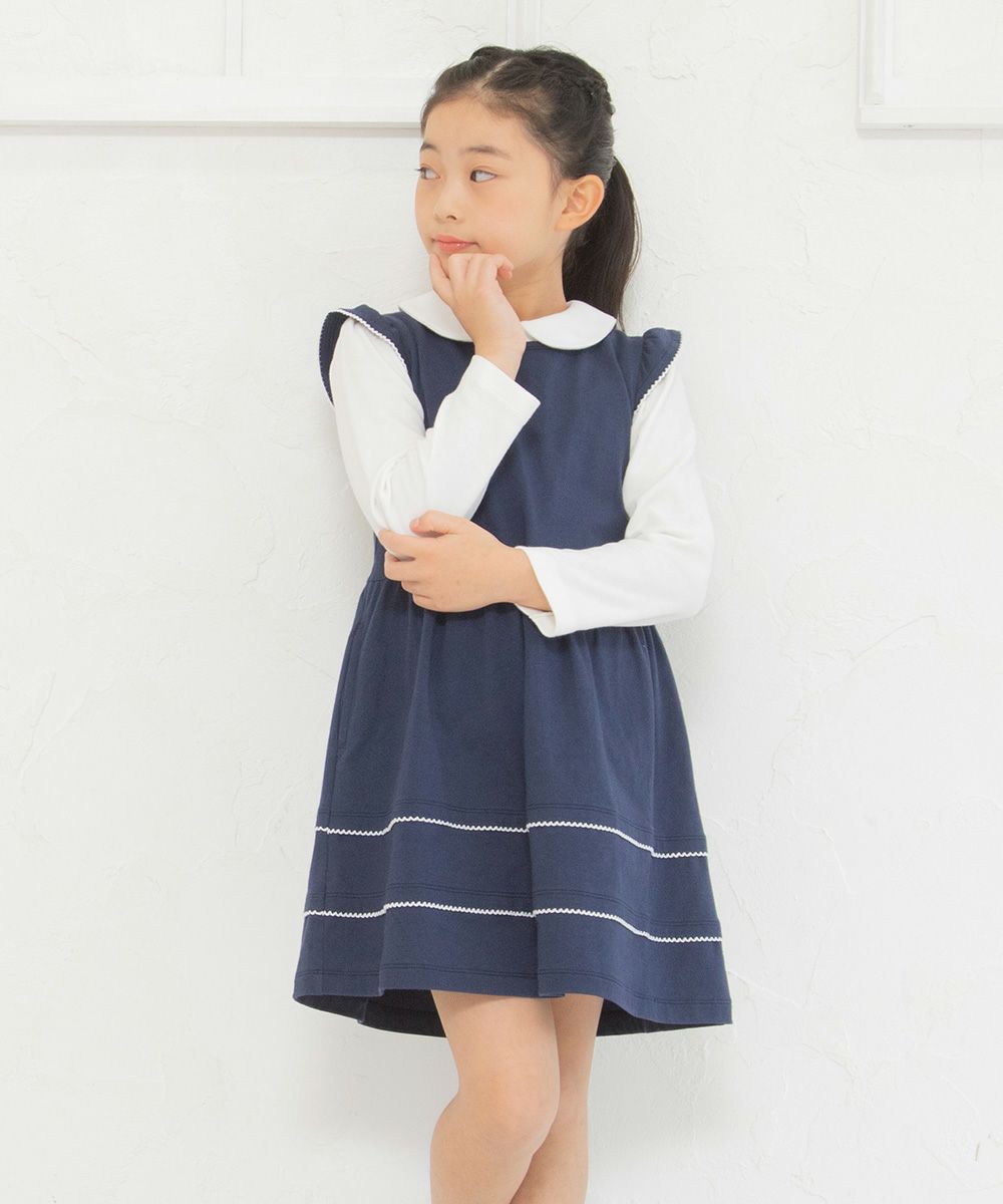 Children's clothing girl 100 % frilled hem pico lace dress navy (06) model image 2