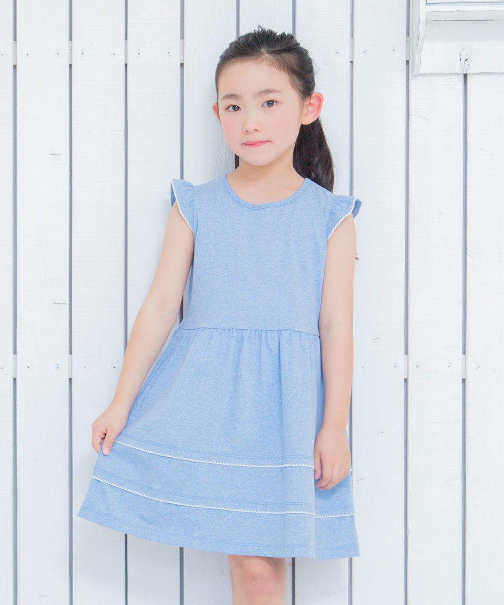Children's clothing girl 100 % frilled hem pico lace dress blue (61) model image up