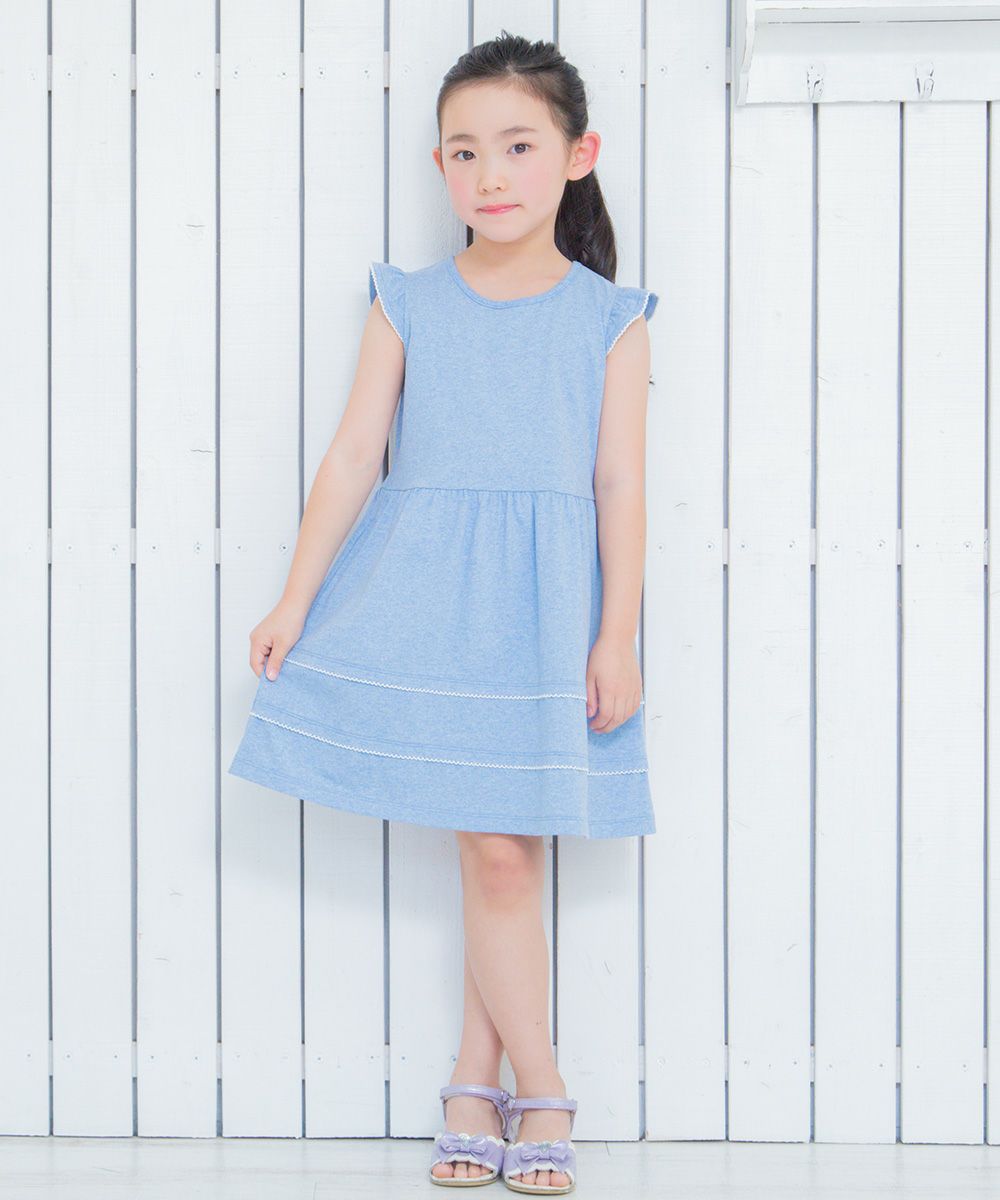 Children's clothing girl 100 % frilled hem pico lace dress blue (61) model image whole body