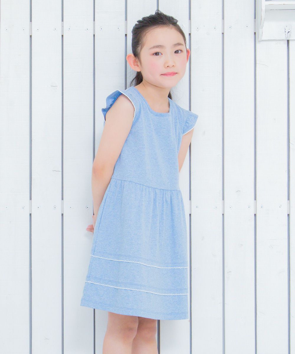 Children's clothing girl 100 % frilled hem pico lace dress blue (61) model image 4