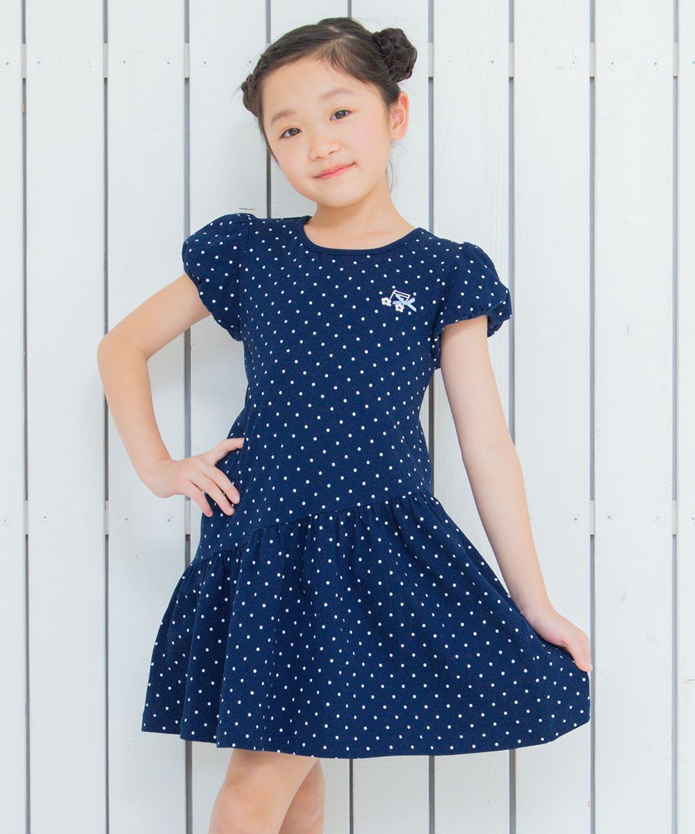 100 % cotton polka dot dress with musical note embroidery Navy model image up