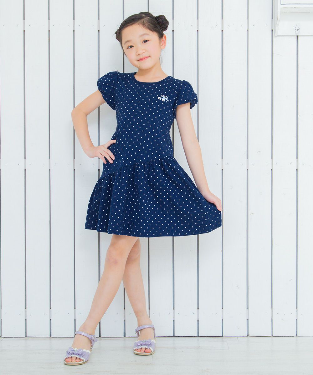 100 % cotton polka dot dress with musical note embroidery Navy model image whole body