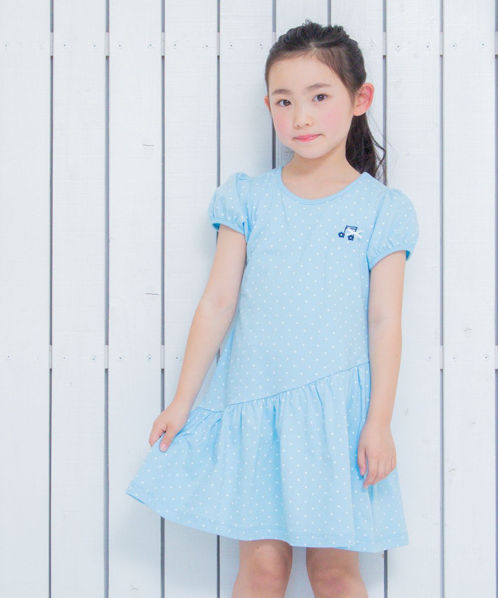 100 % cotton polka dot dress with musical note embroidery Blue model image up