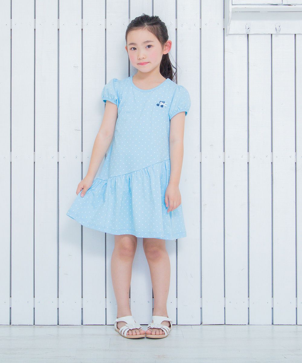 100 % cotton polka dot dress with musical note embroidery Blue model image whole body