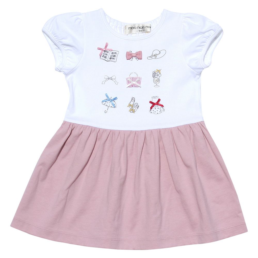 100 % cotton girls items print dress with ribbons Pink front