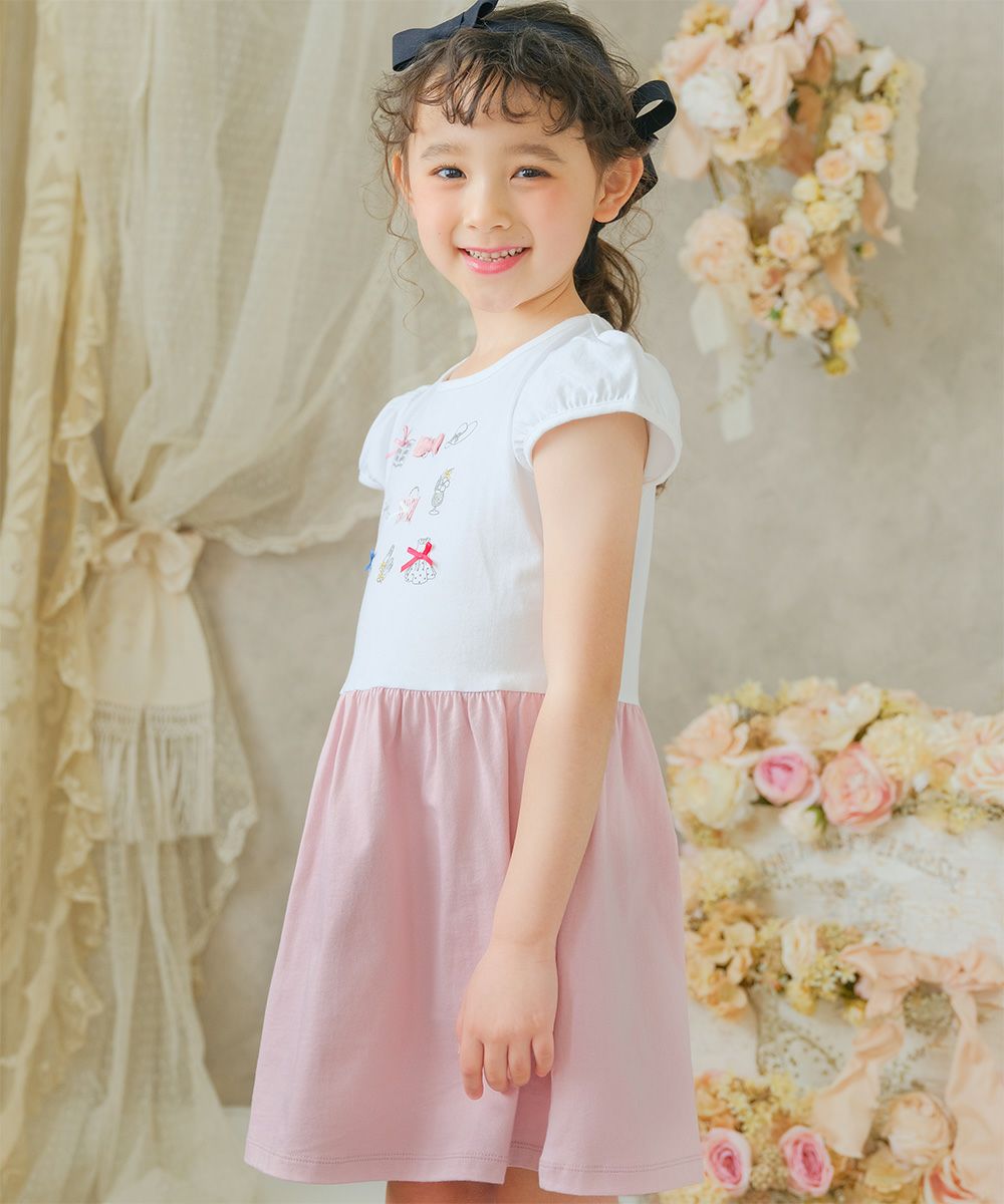 100 % cotton girls items print dress with ribbons Pink model image up