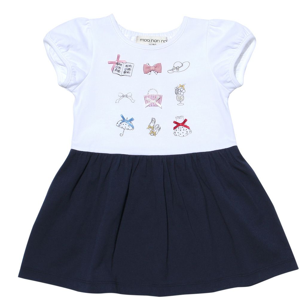 100 % cotton girls items print dress with ribbons Navy front